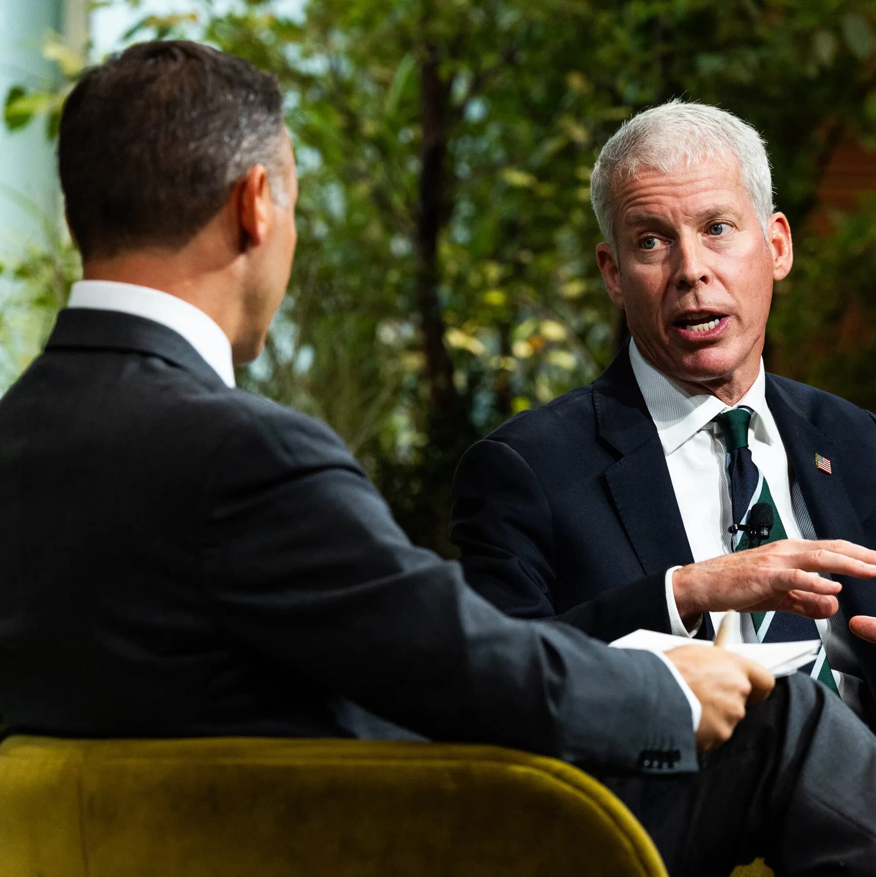 Chris Wright speaking at the NYT Climate Forward event, addressing diesel export policies and energy strategies.