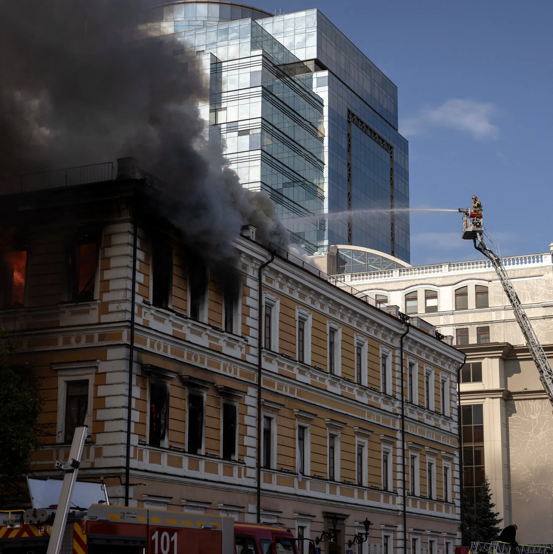 Aerial view of the damaged National Academy of Sciences in Kyiv after the Russian drone strike.