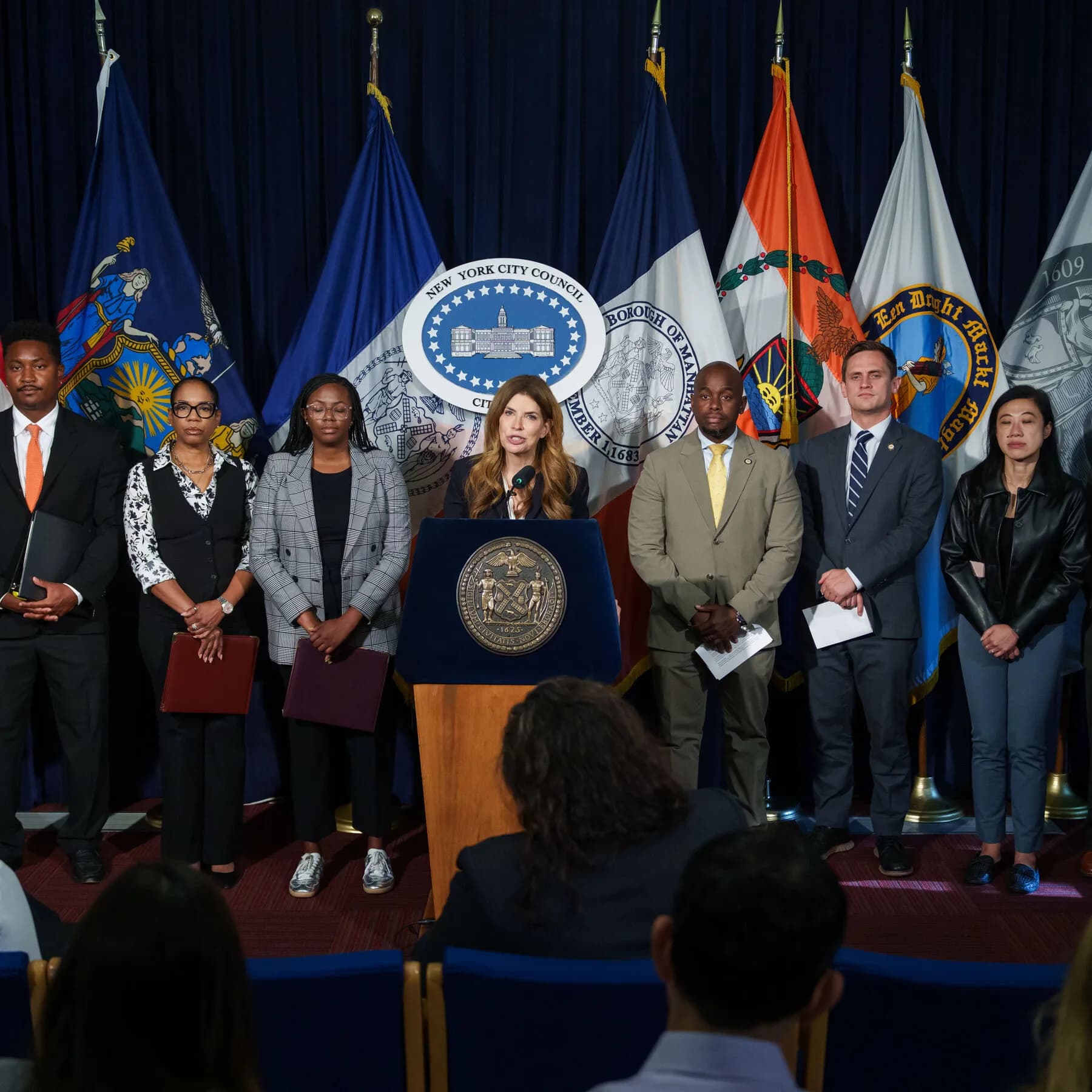 Infographic detailing the NYC Council hearing on AI risks, featuring major companies and key participants.