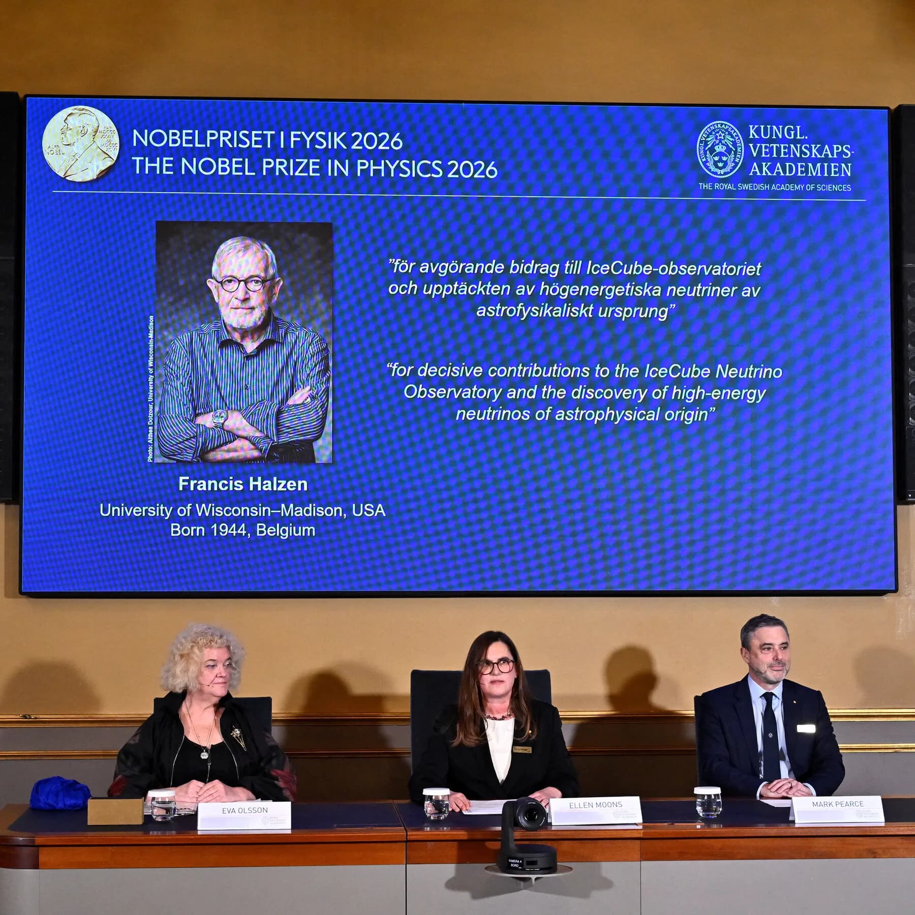 Francis Halzen receiving the Nobel Prize for his contributions to the IceCube Neutrino Observatory and neutrino astronomy.