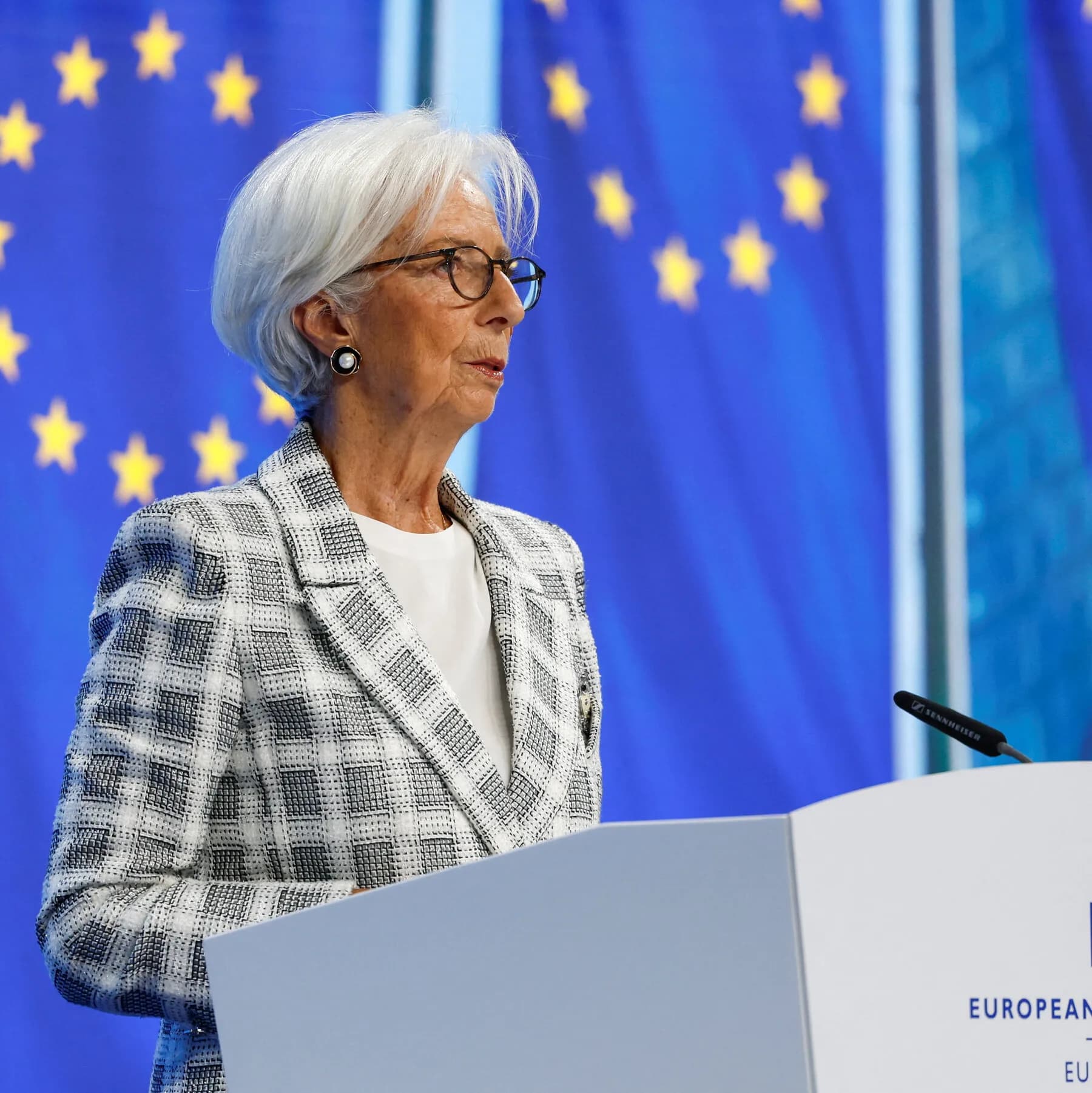 European Central Bank headquarters in Frankfurt with typography announcing Christine Lagarde early resignation
