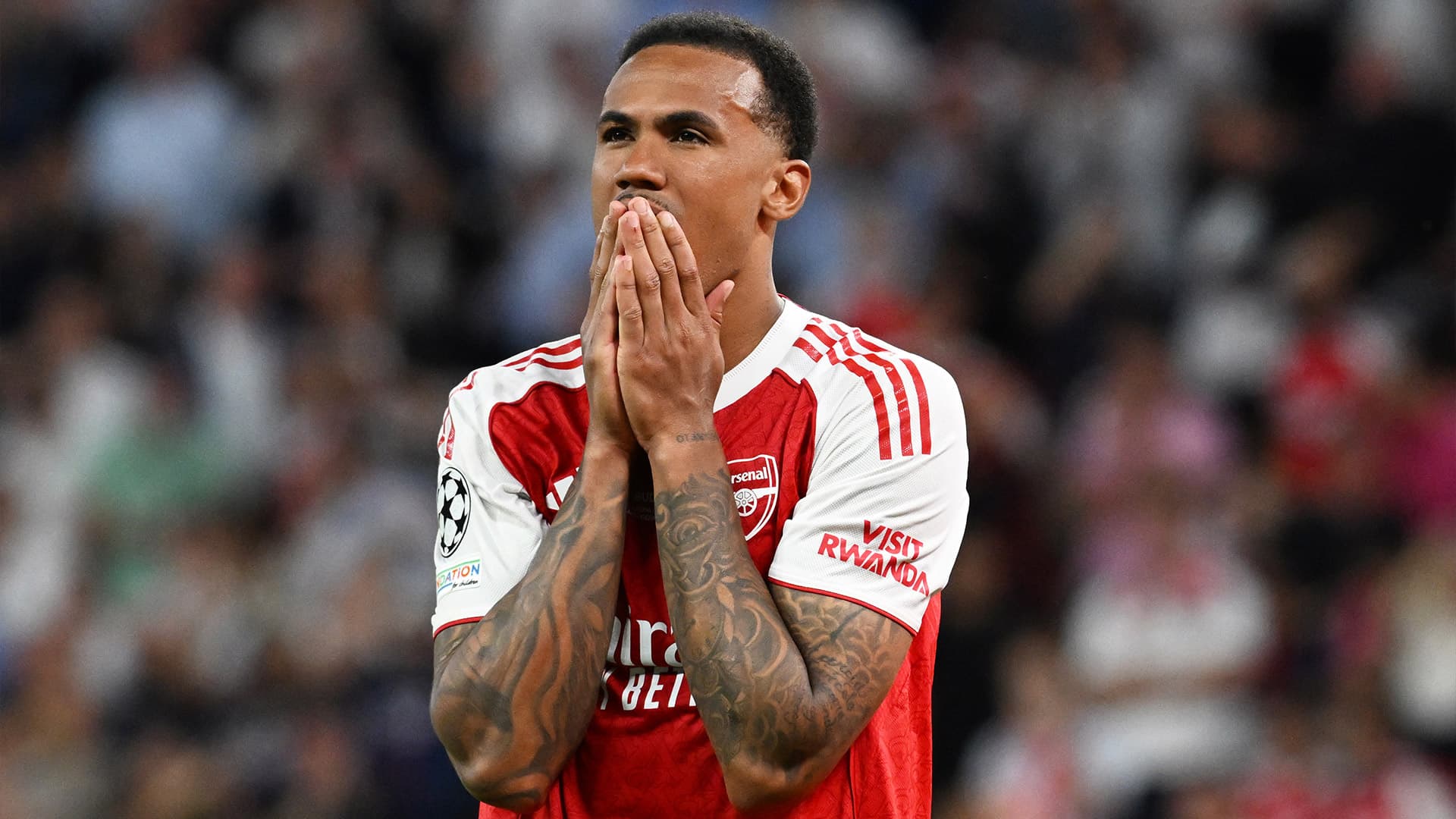 Arsenal players reacting after losing the Champions League final to PSG
