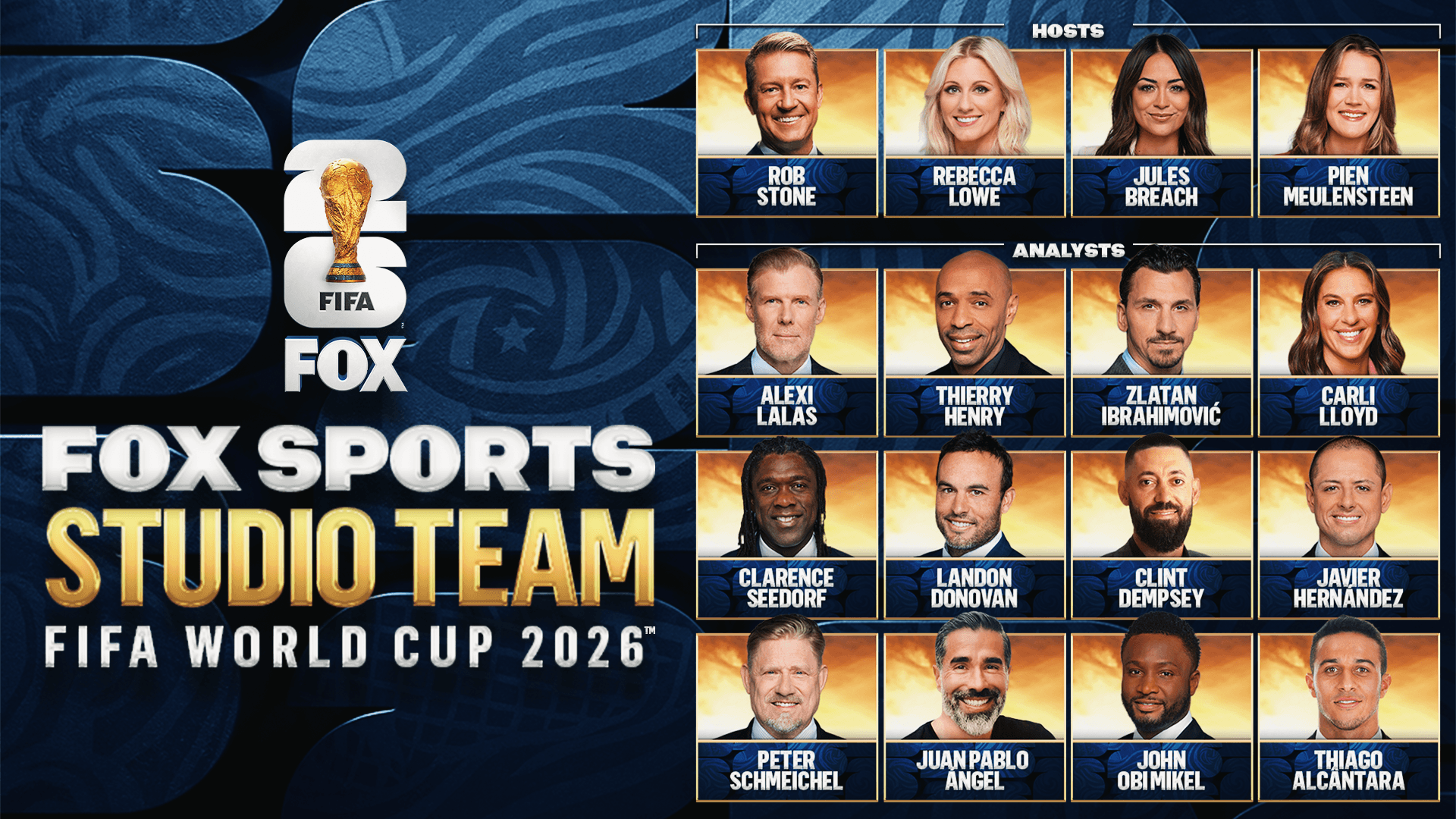 FOX Sports studio team for the 2026 FIFA World Cup featuring soccer legends.