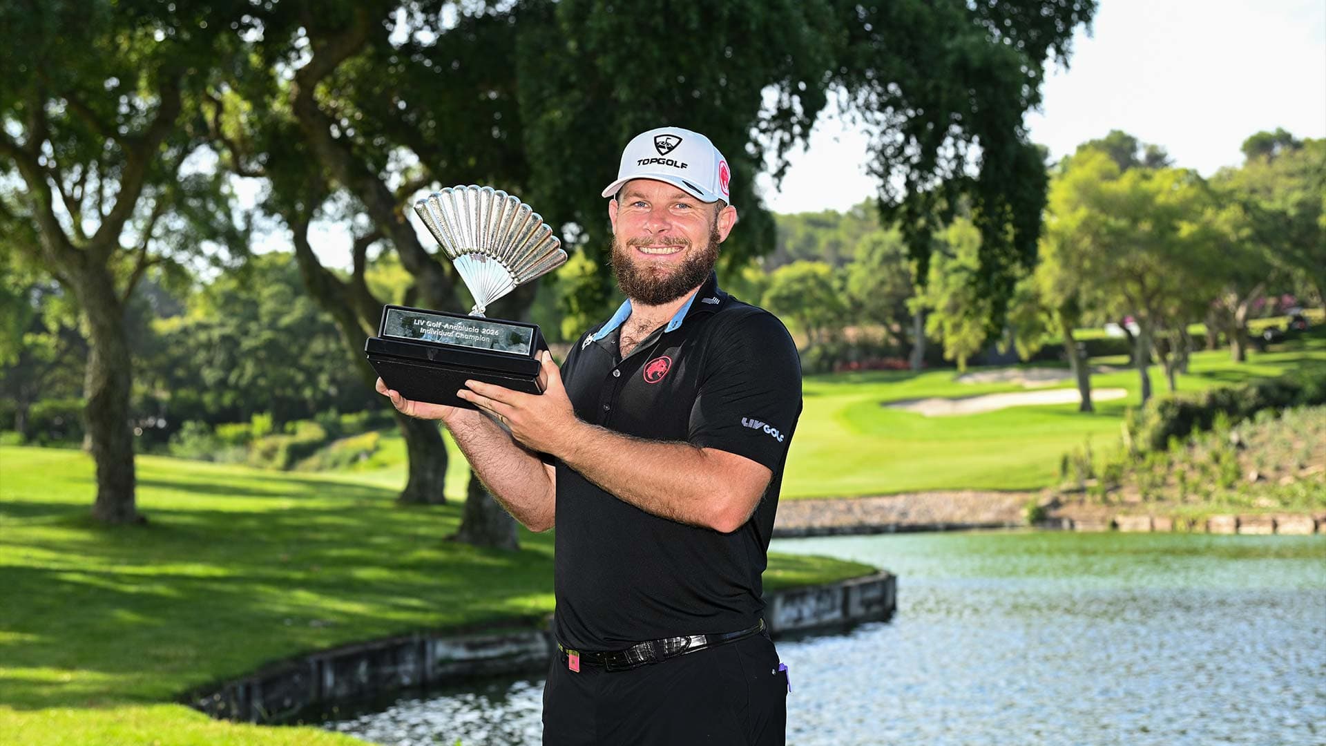 Tyrrell Hatton celebrating his victory at LIV Golf Andalucía 2026.