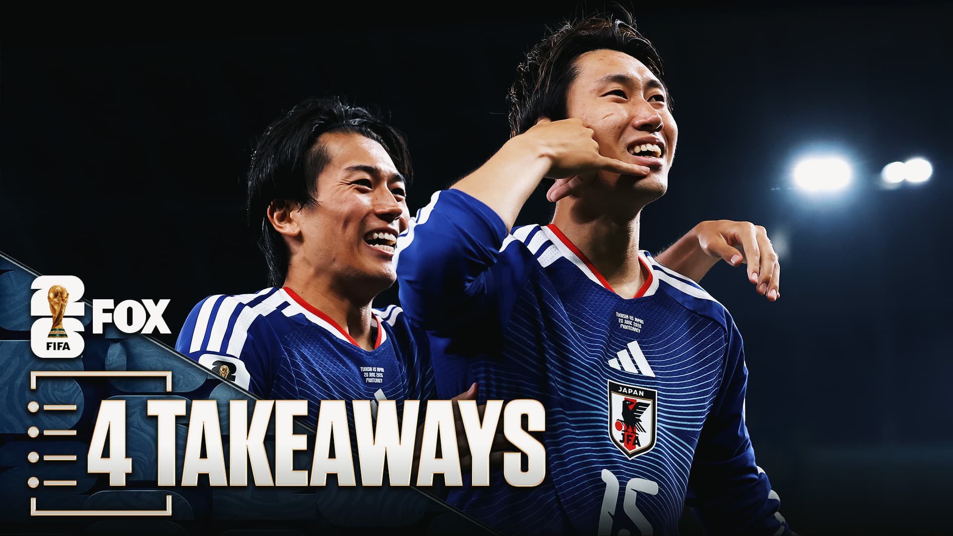 Japan's football team celebrating their victory over Tunisia in the World Cup.