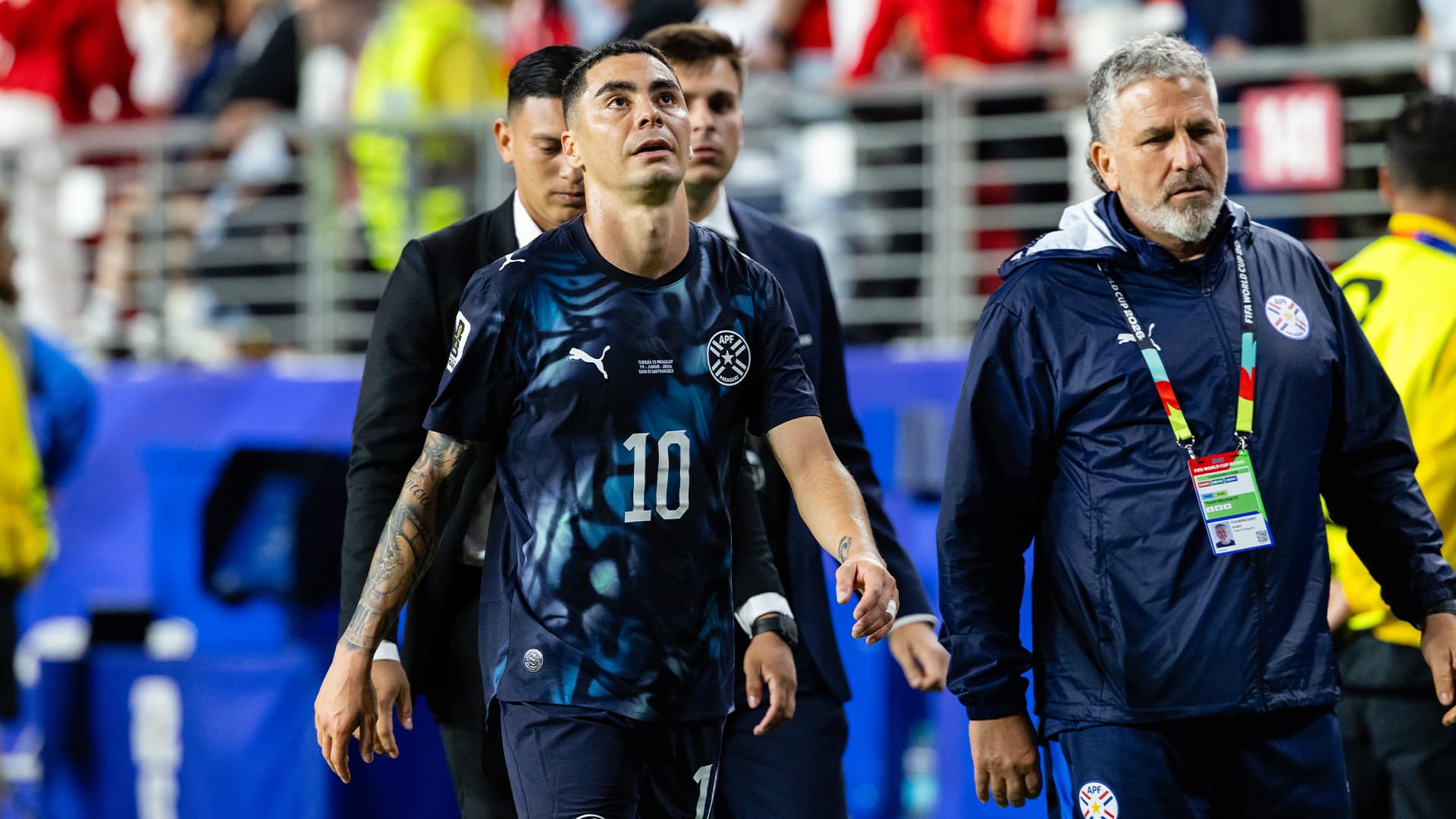 Miguel Almirón receiving a red card during the World Cup match against Turkey.