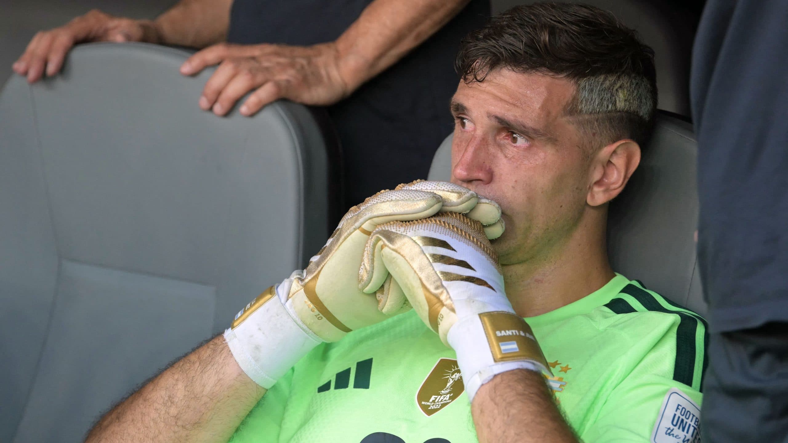 Emiliano Martinez making a save during the 2026 World Cup final against Spain.