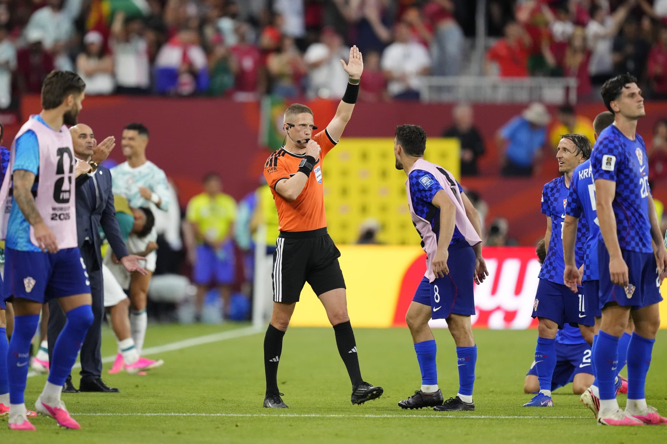 Croatia's players react after a controversial offside call during the World Cup match against Portugal.