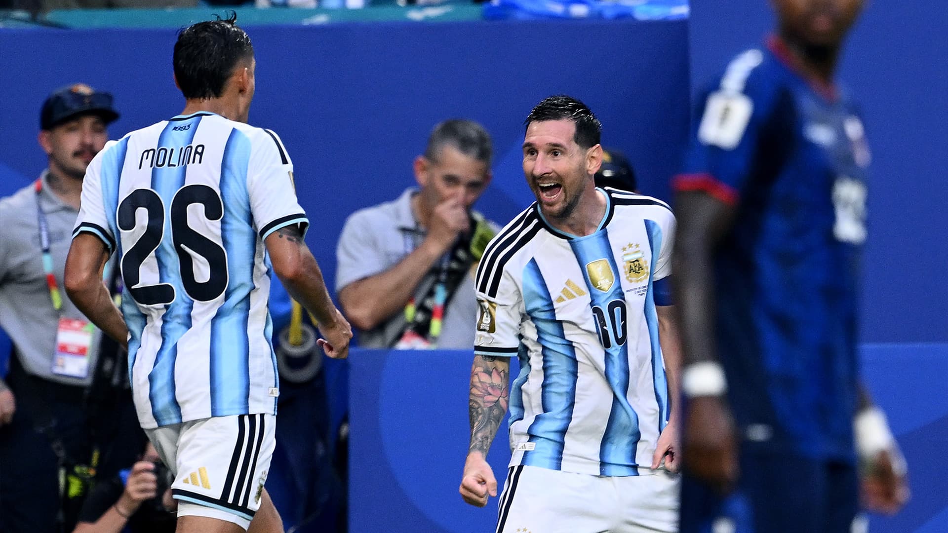 Lionel Messi celebrating his 20th World Cup goal against Cape Verde.