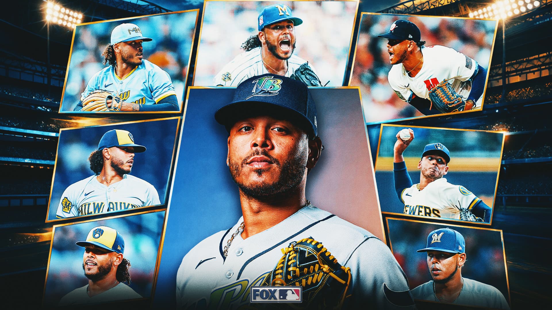 Freddy Peralta pitching for the Tampa Bay Rays against the Milwaukee Brewers in 2026 World Series Game 3