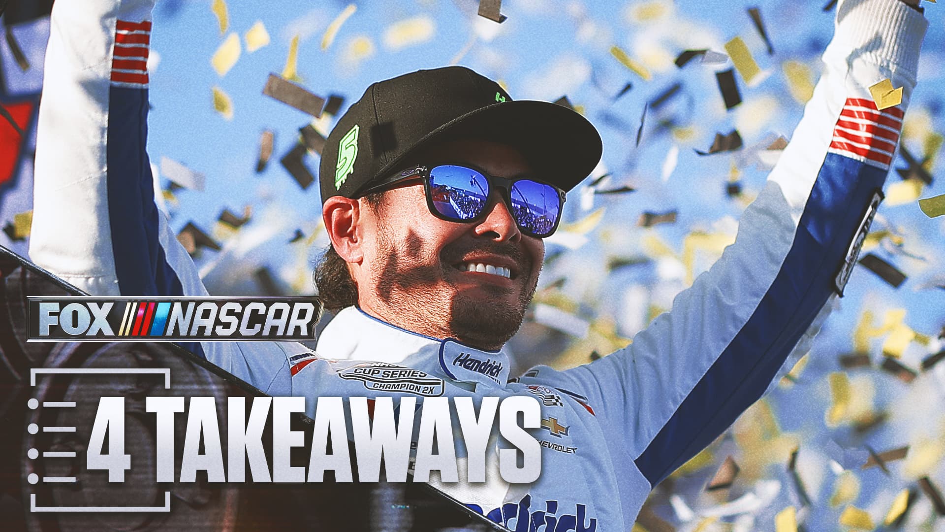 Kyle Larson driving the Hendrick Motorsports Chevrolet to victory at Talladega Superspeedway finish line