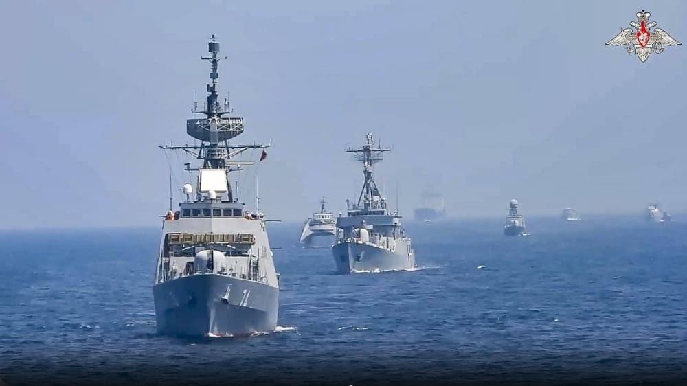 Naval exercises between China and Russia off the coast of Qingdao.