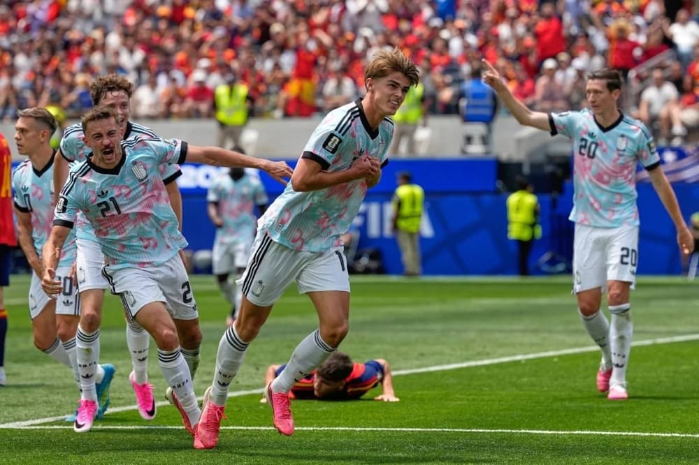 Charles De Ketelaere celebrating his goal against Spain in the World Cup quarter-finals.
