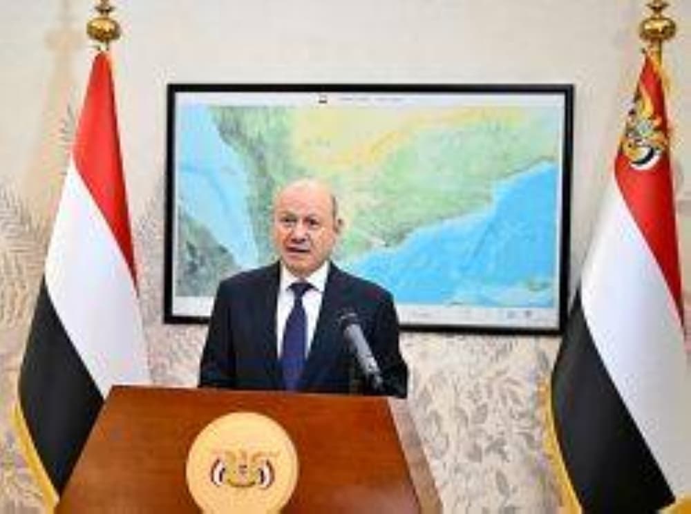 Yemeni President Rashad Alimi addressing the nation on unity and oil exports.