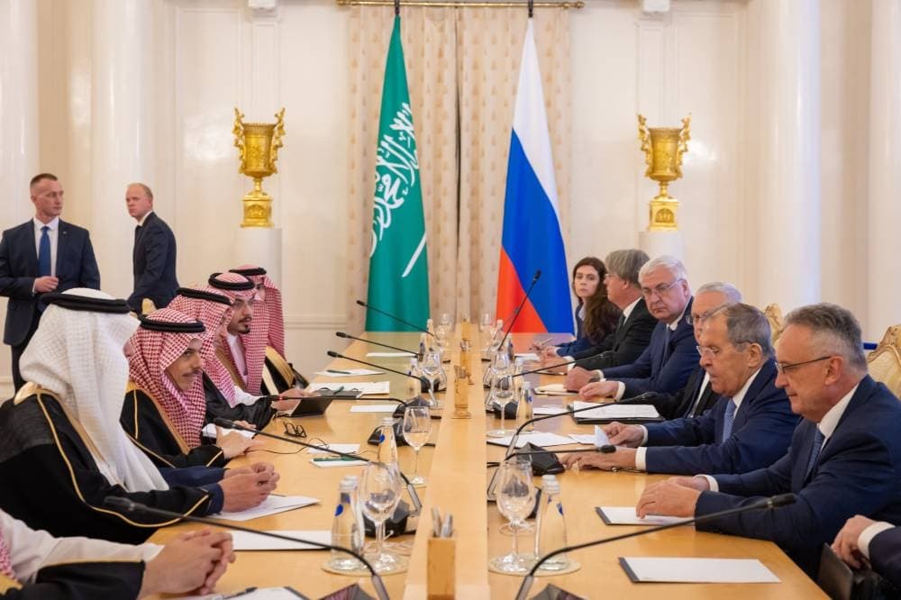 Saudi Foreign Minister Prince Faisal bin Farhan speaking at a press conference in Moscow, addressing Houthi attacks.