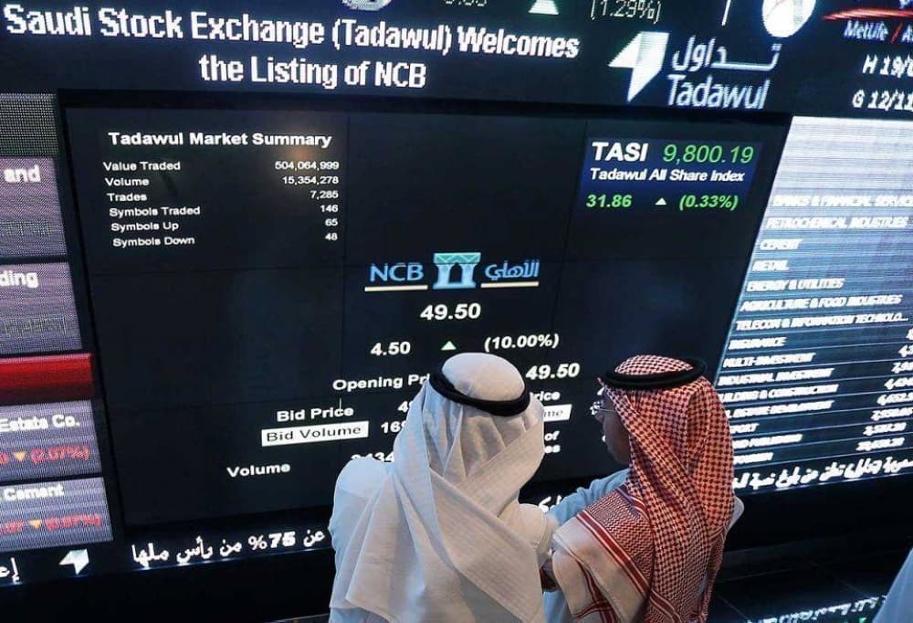 A graphic illustrating the decline of the Saudi stock market TASI index amidst geopolitical tensions and earnings uncertainty.