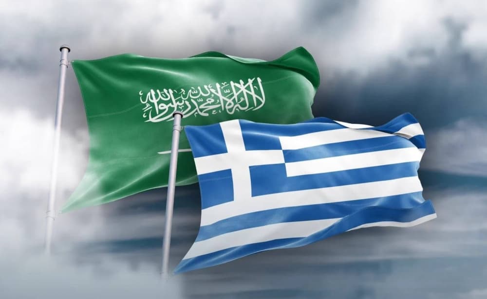 Bold infographic detailing Saudi-Greece bilateral trade reaching 3.713 billion dollars with key metrics on energy and digital trade corridor
