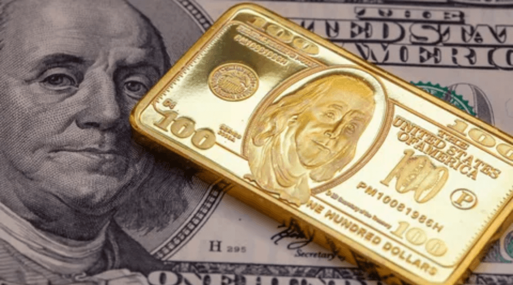 Minimalist financial graphic displaying gold price metrics alongside a climbing US dollar index indicator