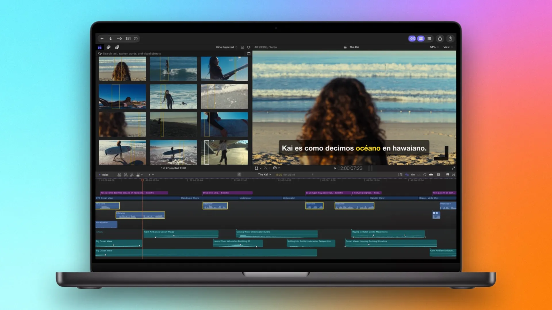 Minimalist dark display showing the Apple Creator Studio interface with integrated MotionVFX assets and AI editing tools.