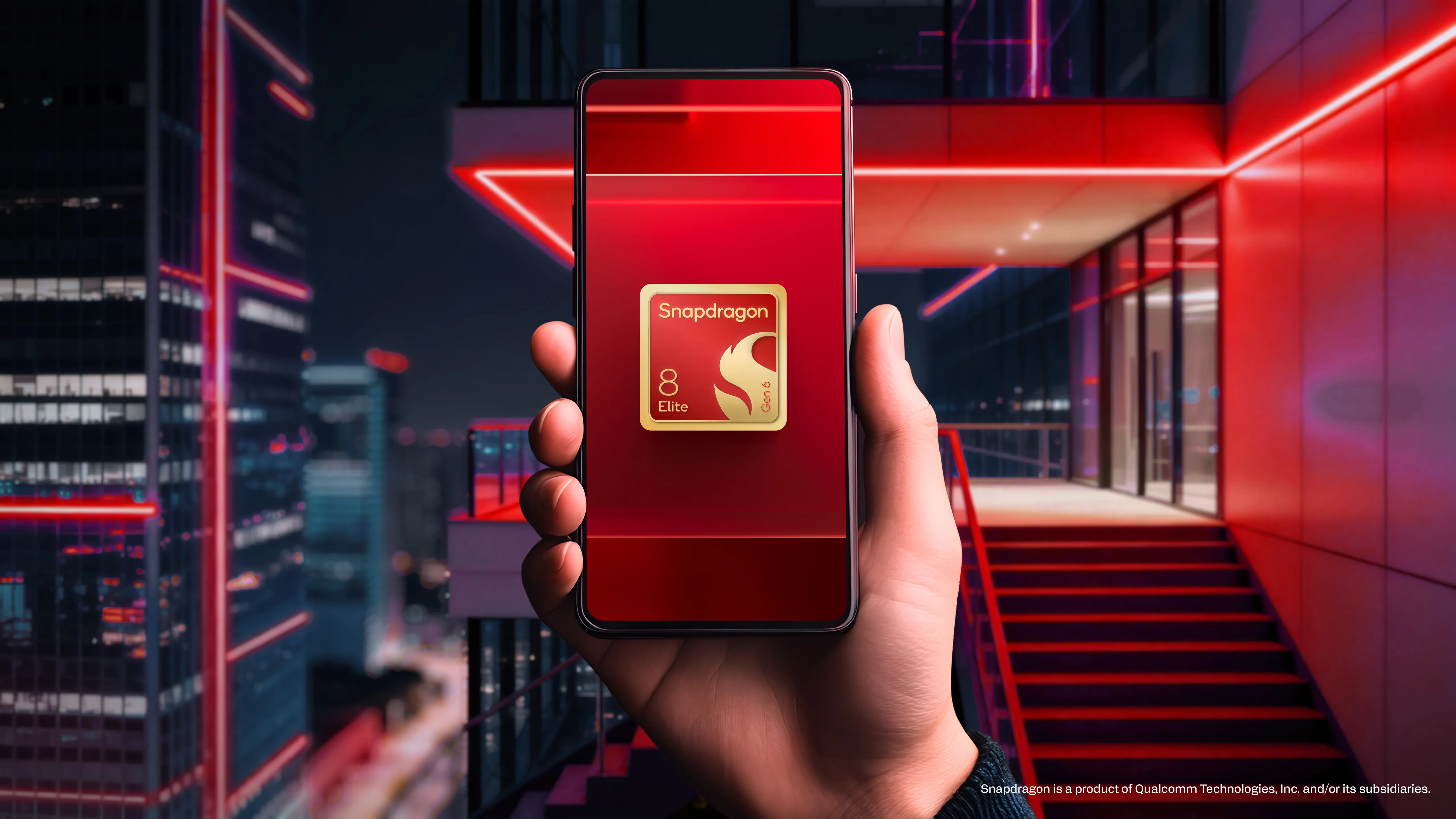 Qualcomm Snapdragon 8 Elite Gen 6 chip showcasing 5GHz clock speed and 8K video recording features.